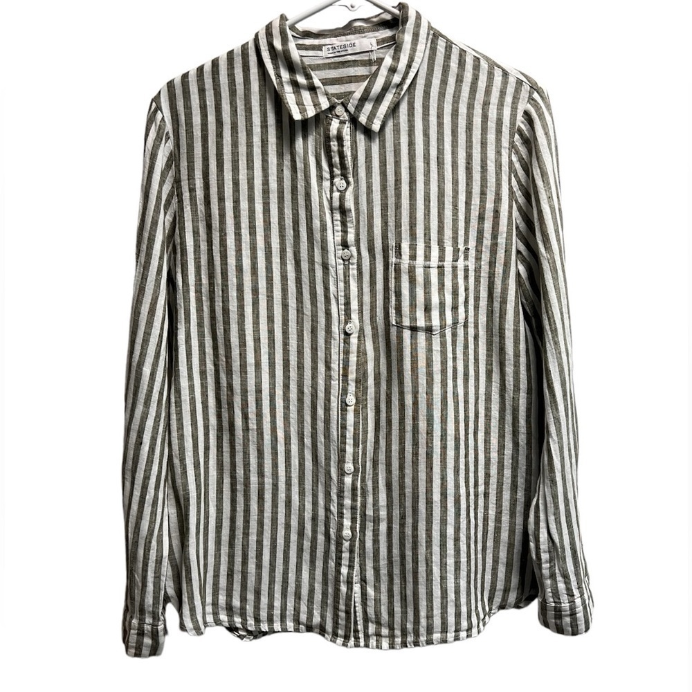 STATESIDE Women’s Grey and White Striped Linen Button down - Size Large